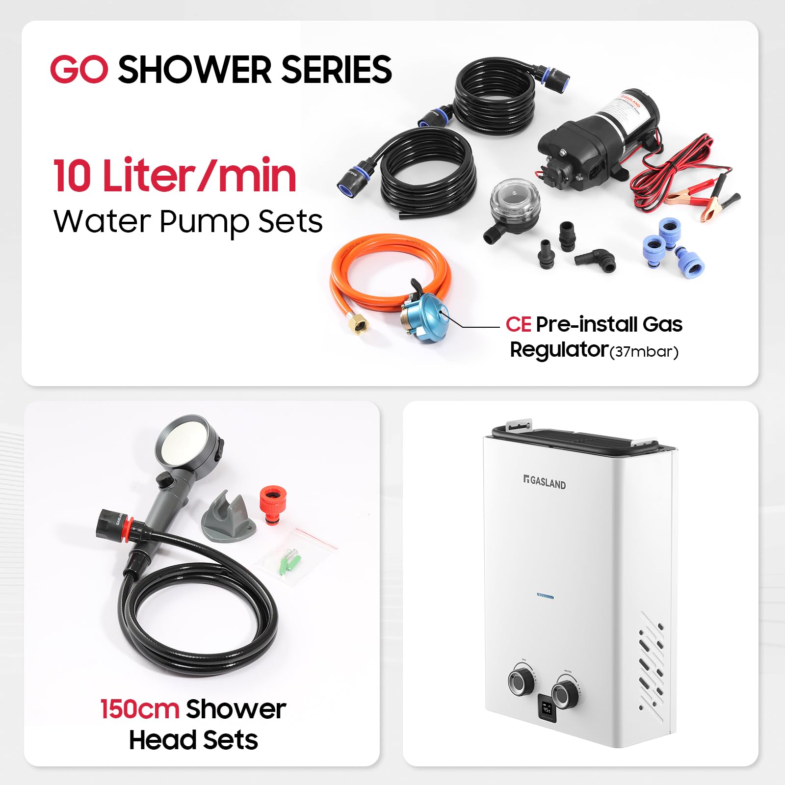 GASLAND Go Shower Series G10 Pro Chauffe-eau à gaz 10 litres avec pompe à eau pour l'extérieur, butane (28-30 mbar)/propane (37 mbar), pour camping, camping-car, grange