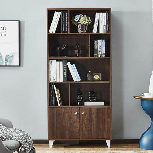 Mixcept Bookcase with Doors Bookshelf with 7 Storage Compartments for Home Office, Walnut