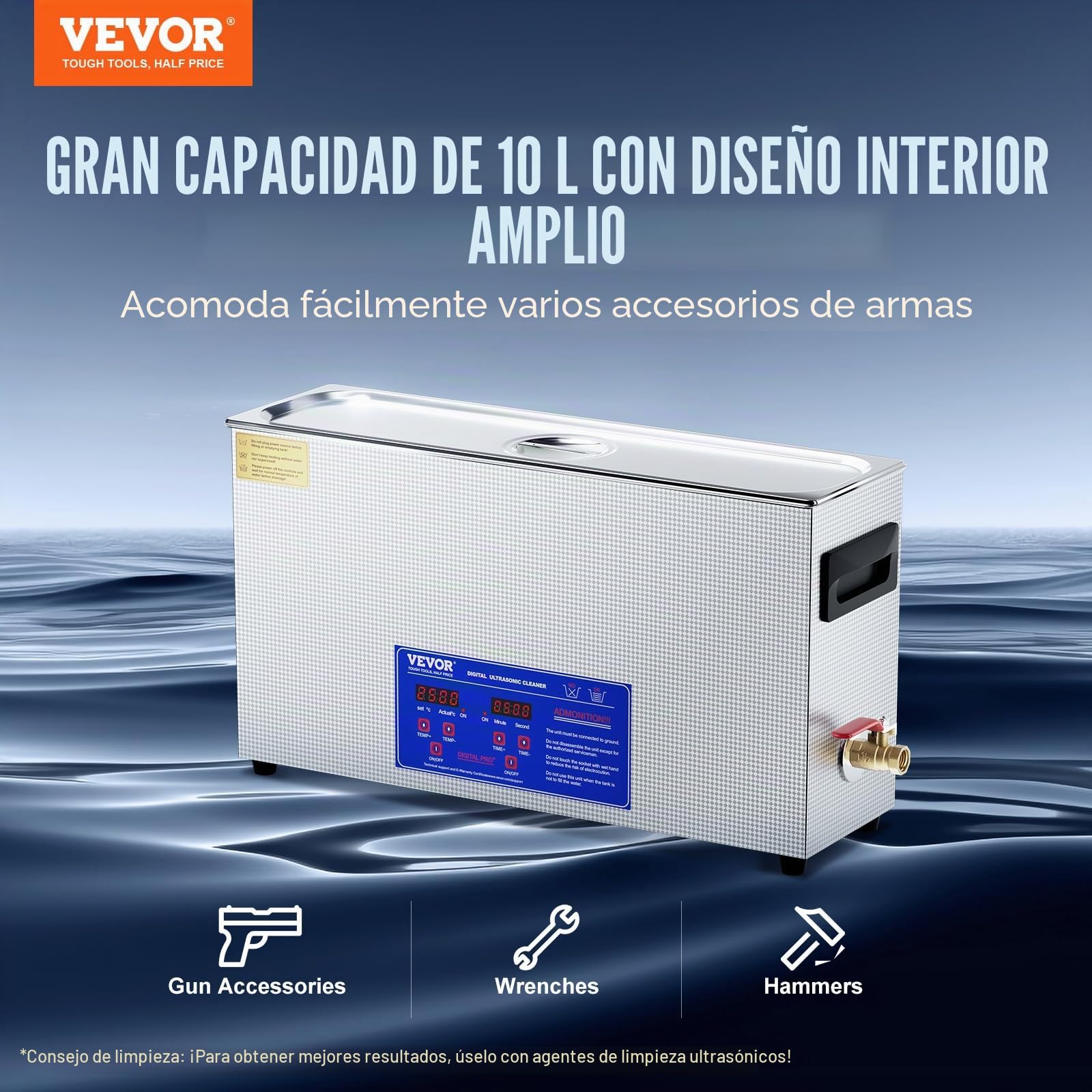 VEVOR Limpiador Ultrasónico 10 L Máquina de Limpieza Ultrasónica Profesional de 300 W con Temporizador y Calentador 40 kHz con Cesta para Piezas de Armas, Balas, Suministros Militares