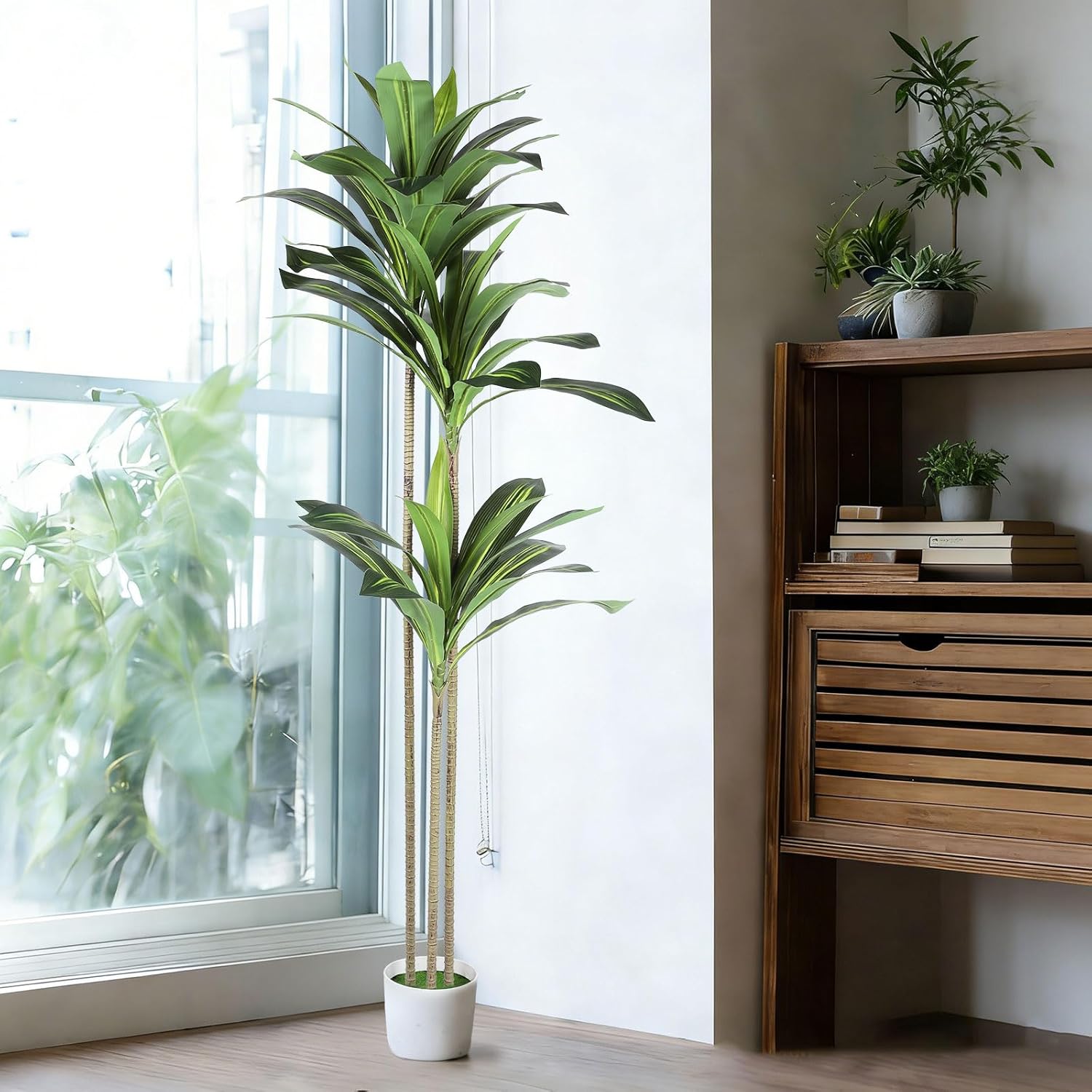Artificial Dracaena Tree 5.2FT 3 Stems Realistic Faux Yucca Tree with White Nursery Pot, Lifelike UV-Resistant Leaves, Low-Maintenance Tall Floor Plant for Indoor Outdoor Home Office Living Room Decor