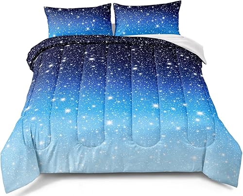 Juego de edredón con purpurina degradado, tamaño Queen, juego de ropa de cama de galaxia rosa y morado para niños, niñas y mujeres, colorido arco