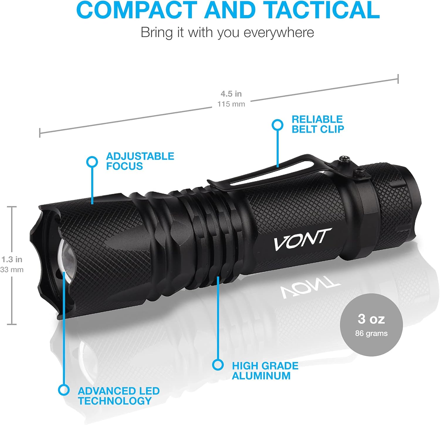 Vont LED Tactical Flashlight, Ultra Bright LED Flashlight, Smart Compact Design, Anti-Slip Surface, 3 Modes, High in Lumens, Handheld Light, Suitable Camping, Hiking etc. - - 