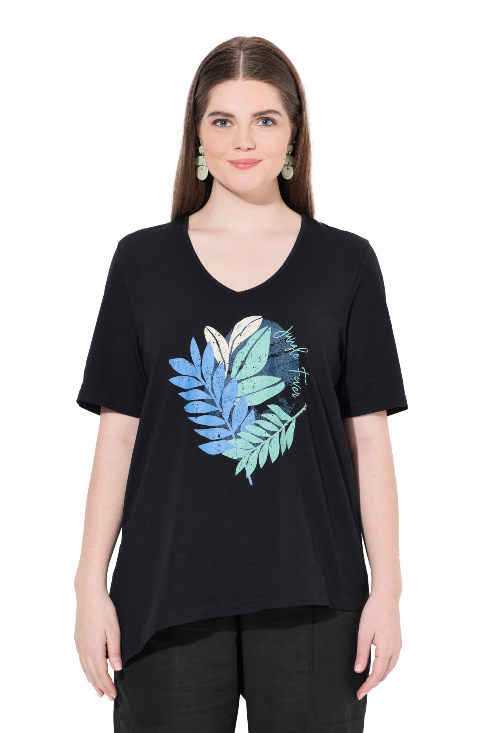 Ulla Popken Damen große Größen Übergrößen Plus Size T-Shirt, Zierperlen, V-Ausschnitt, Halbarm, Biobaumwolle 839394