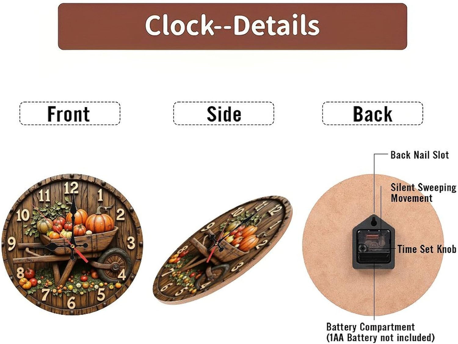 Autumn Harvest Wheelbarrow Pumpkin Clock Wall Decor 10-Inch Wooden Wall Clock, Silent Movement, Perfect for Living Room Bedroom Bathroom Home Decor