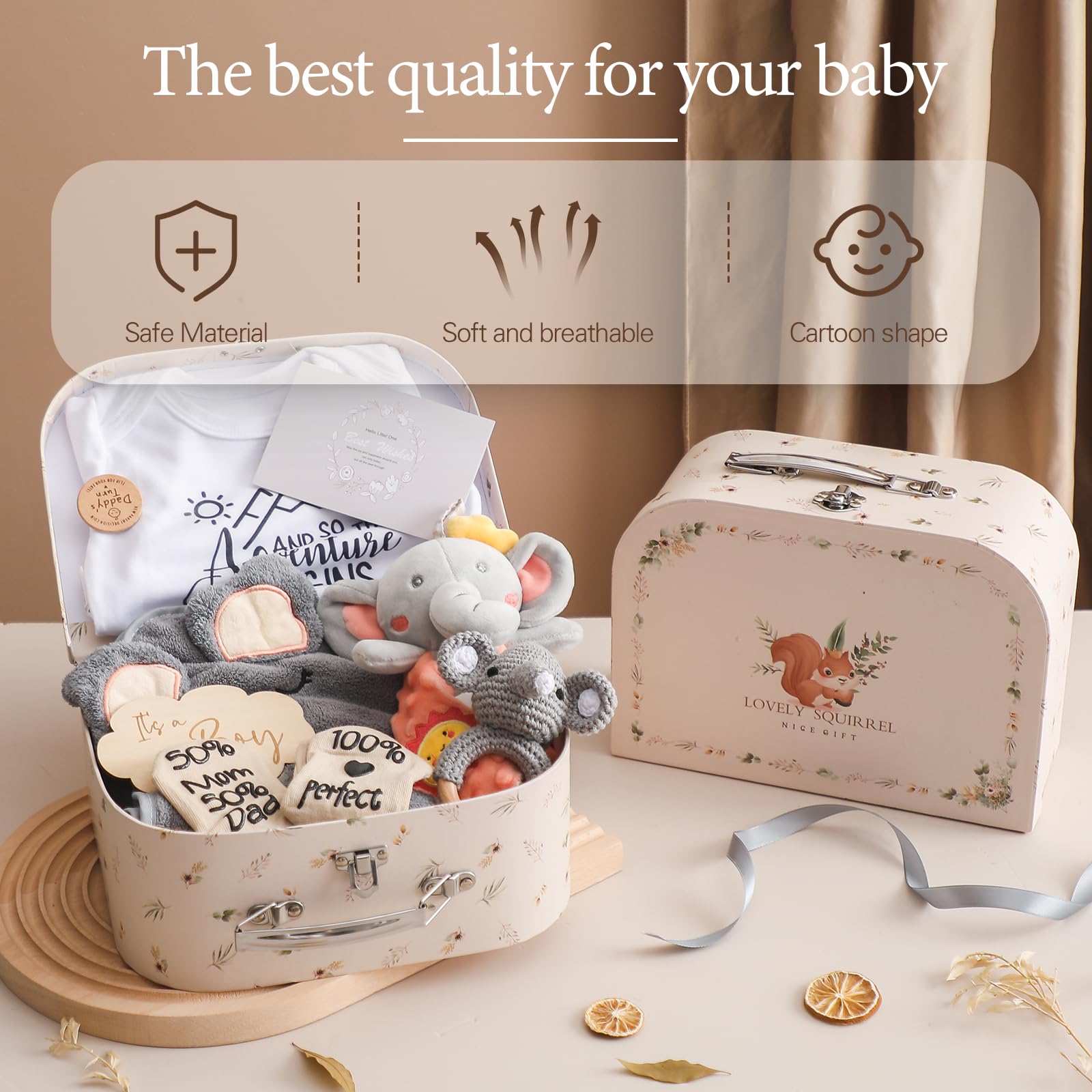 Baby Gift Set da Regalo neonato la nascita Baby Party Asciugamano da bagno Milestone Baby Coperta Romper Calzini Bambino Legno Crocheted Griffin Rattle Toy Foto Requisten (per il ragazzo)