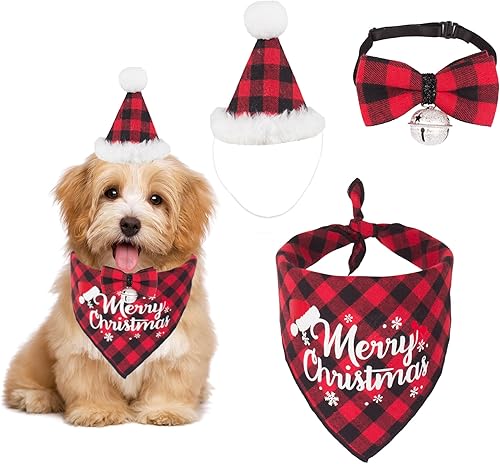 ADOGGYGO Bandana de Navidad para perro, pajarita, pañuelo de Navidad a cuadros rojos para perro, bufanda triangular para perro, accesorios de