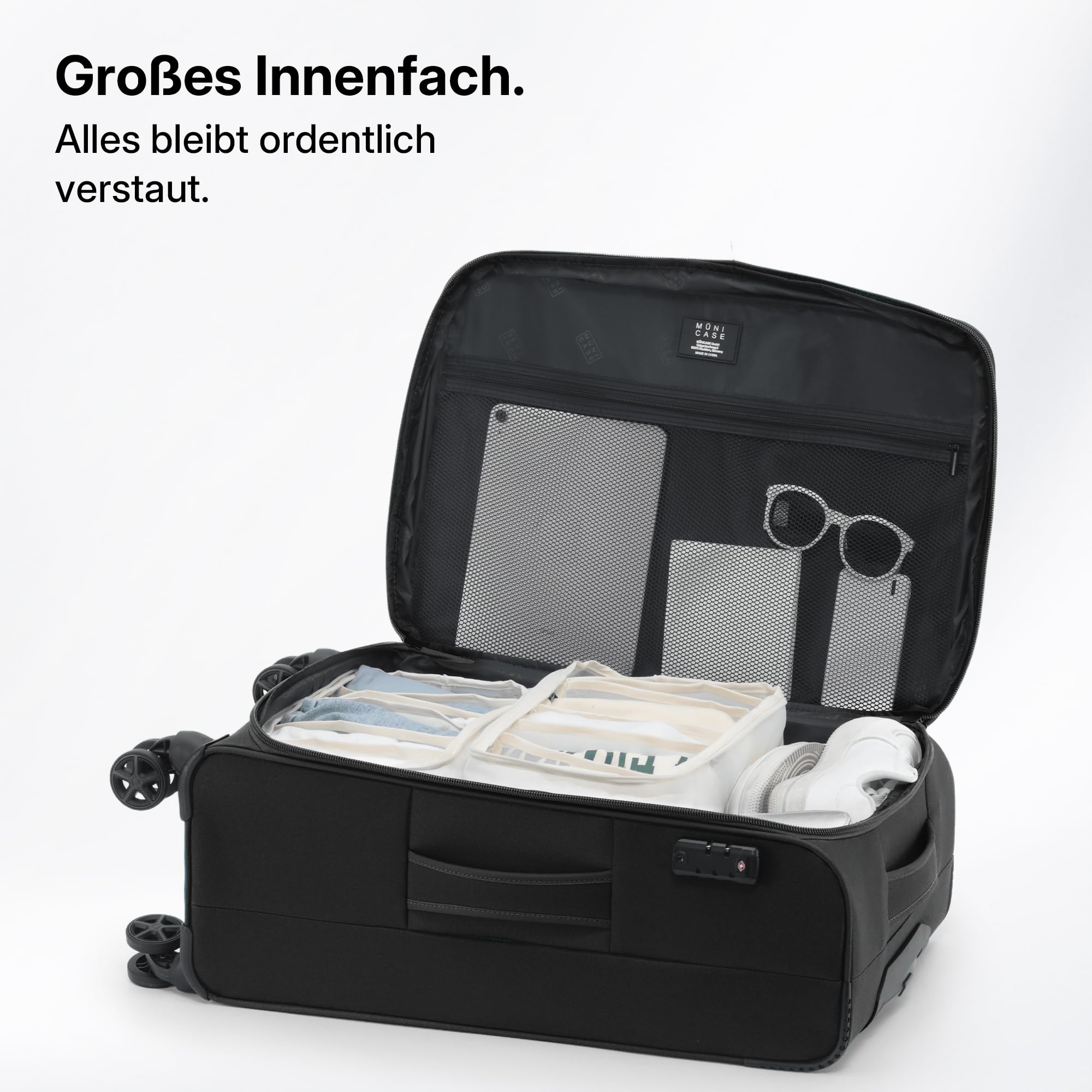 Münicase Stoffkoffer erweiterbar mit Frontfächern,15% Extra-Volumen, TSA-Schloss, 360° Doppelrollen & verdecktem Namensschild (Schwarz, Koffer M (55 cm) erweiterbar)