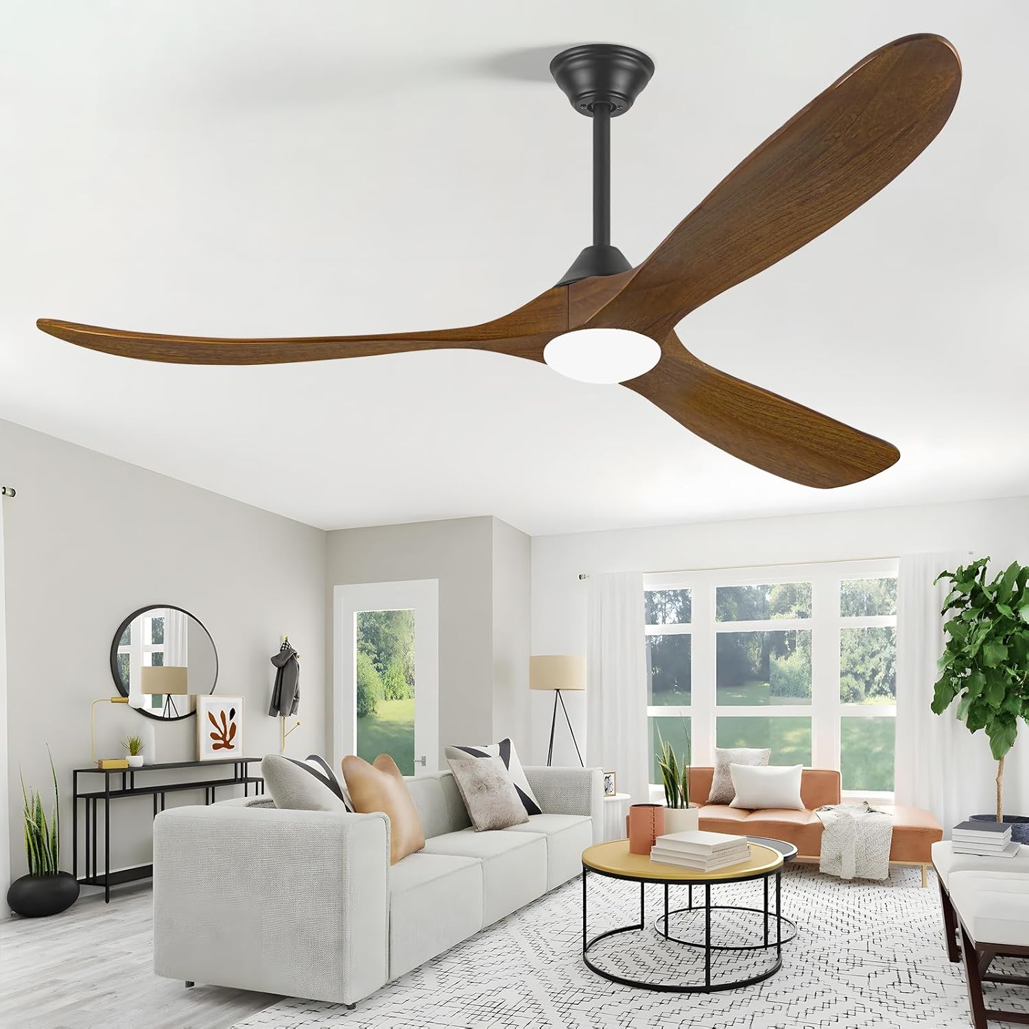 60 Inch Outdoor Ceiling Fan with Light, Wood Ceiling Fan for Patio & Indoor Use, Farmhouse & Modern Style, Quiet DC Motor, 3 Color Temps, Dimmable, Damp-Rated – Includes Remote & 3 Downrods