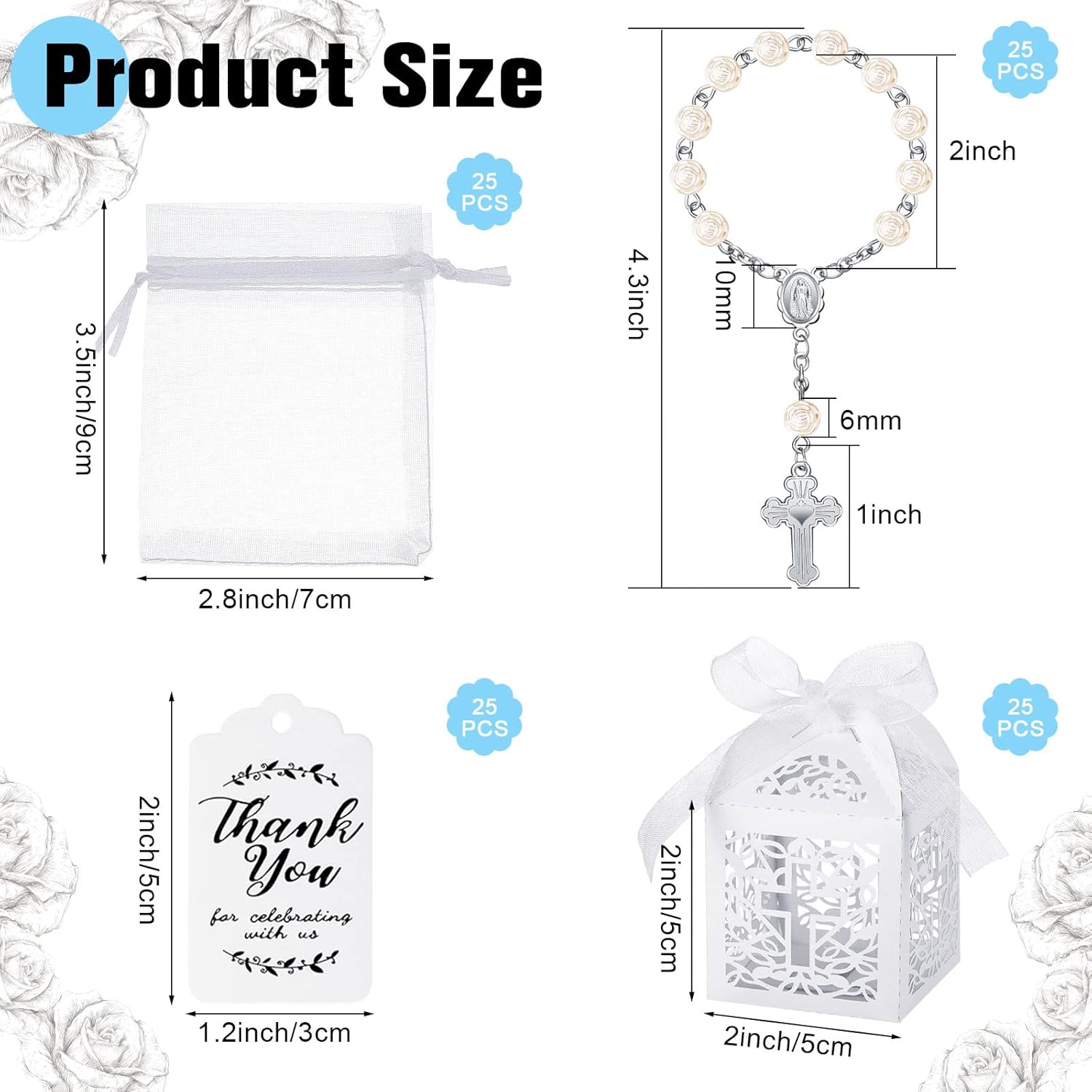 100 Pieces Baptism Favors Set Includes 25 Pieces Mini Rosary, Laser Cut Baptism Favor Boxes, White Organza Bags and 25 Pcs Thank You Tags for Bautizo Recuerdos Christening Wedding Party Supplies
