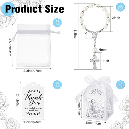 Miniatura 2 de El juego de 100 recuerdos de bautismo incluye 25 piezas de mini rosario, cajas de regalo de bautismo cortadas con láser, bolsas de organza blanca