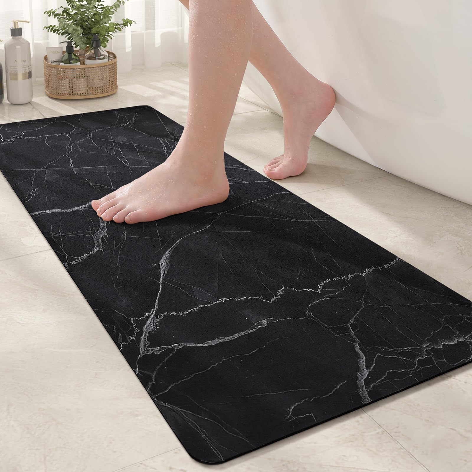 Color&Geometry Bathroom Runner Rug Quick Dry- 17"x43" Super Absorbent Non Slip Black Bathroom Rug- Thin Non Shedding Easy Clean Long Bath Mat, Marble Bath Runner for Shower Bathtub Sink Vanity