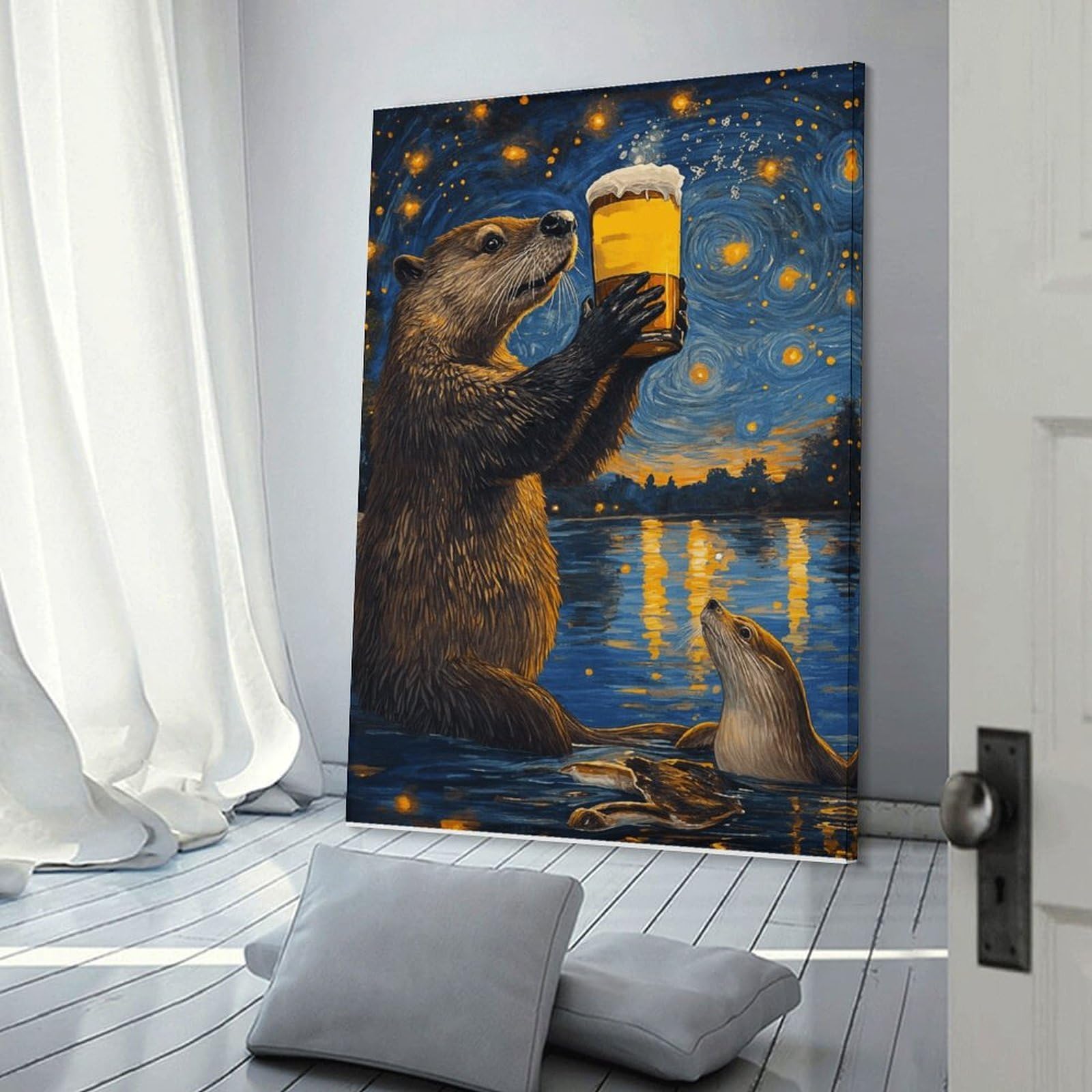 Junmoney Decorative Wall Artwork Otter Drinking Beer, 20x30inch(50x75cm), for New Homes, Bedrooms Or Workspaces, Canvas Artwork with Gifting Potential