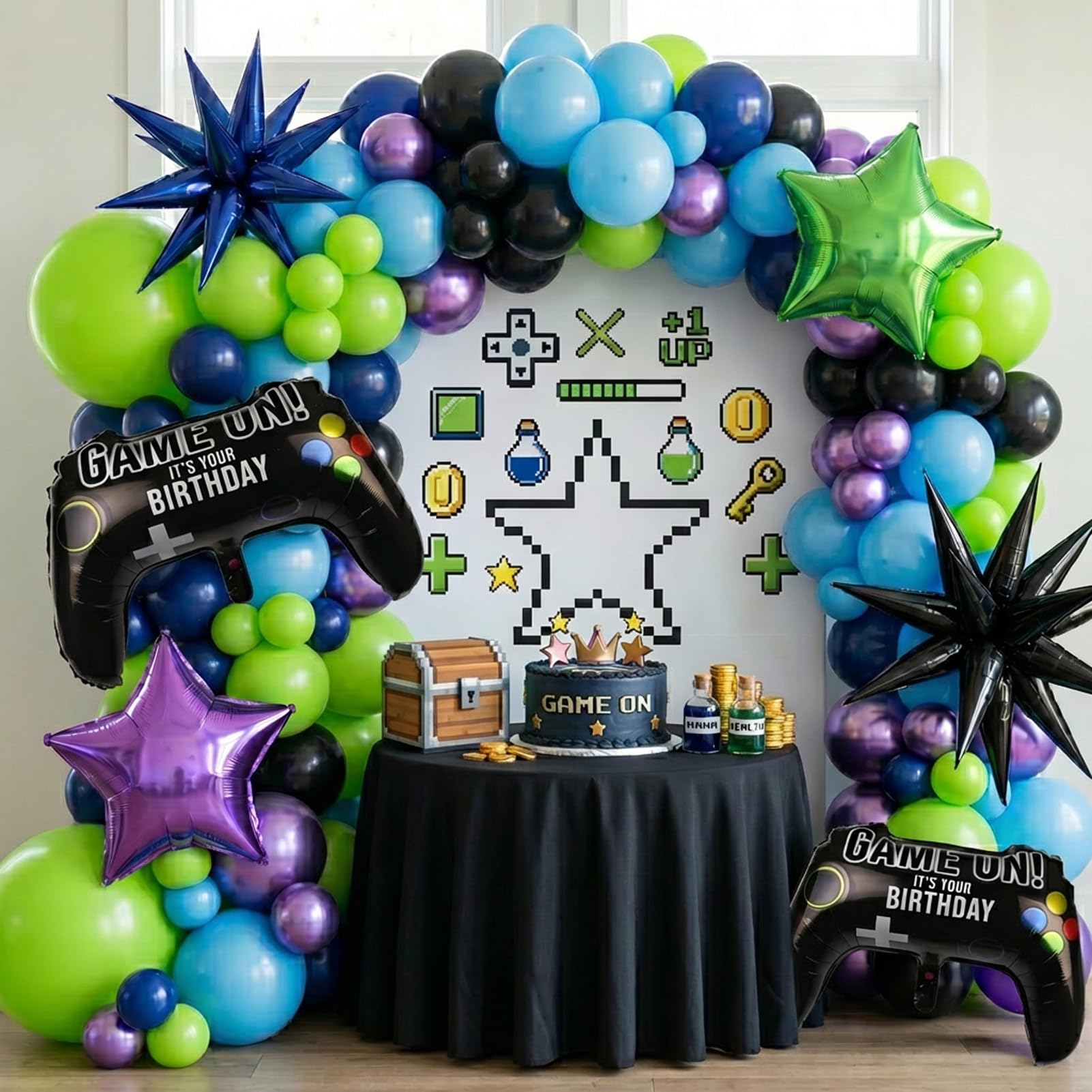 Video game Themed blue and green chrome purple balloon garland arch kit 140+pcs with handle star mylar balloon for Video game Themed Birthday party decorations