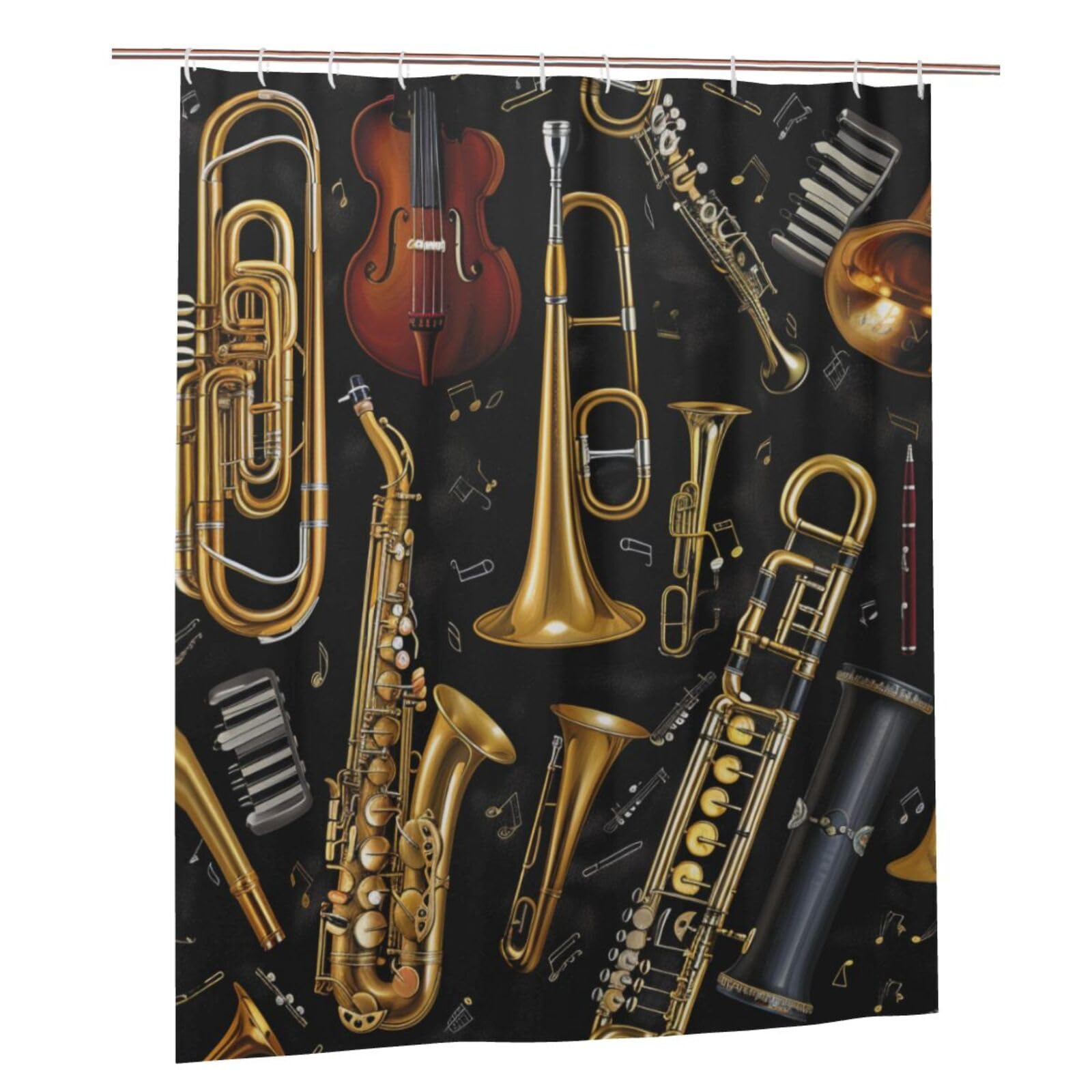 BWWHCCTI Musical Instruments Printed Shower Curtain With 12 Plastic Hooks Opaque Quick Drying Waterproof Shower Curtains Sets For Bathroom 152x183 Cm