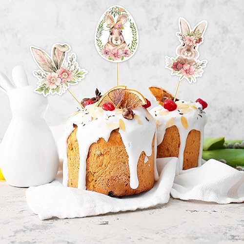 Miniatura 5 de Whaline 48 piezas de decoración para magdalenas de Pascua con palitos de pegamento en acuarela, floral, huevos de Pascua, conejito, palillos de