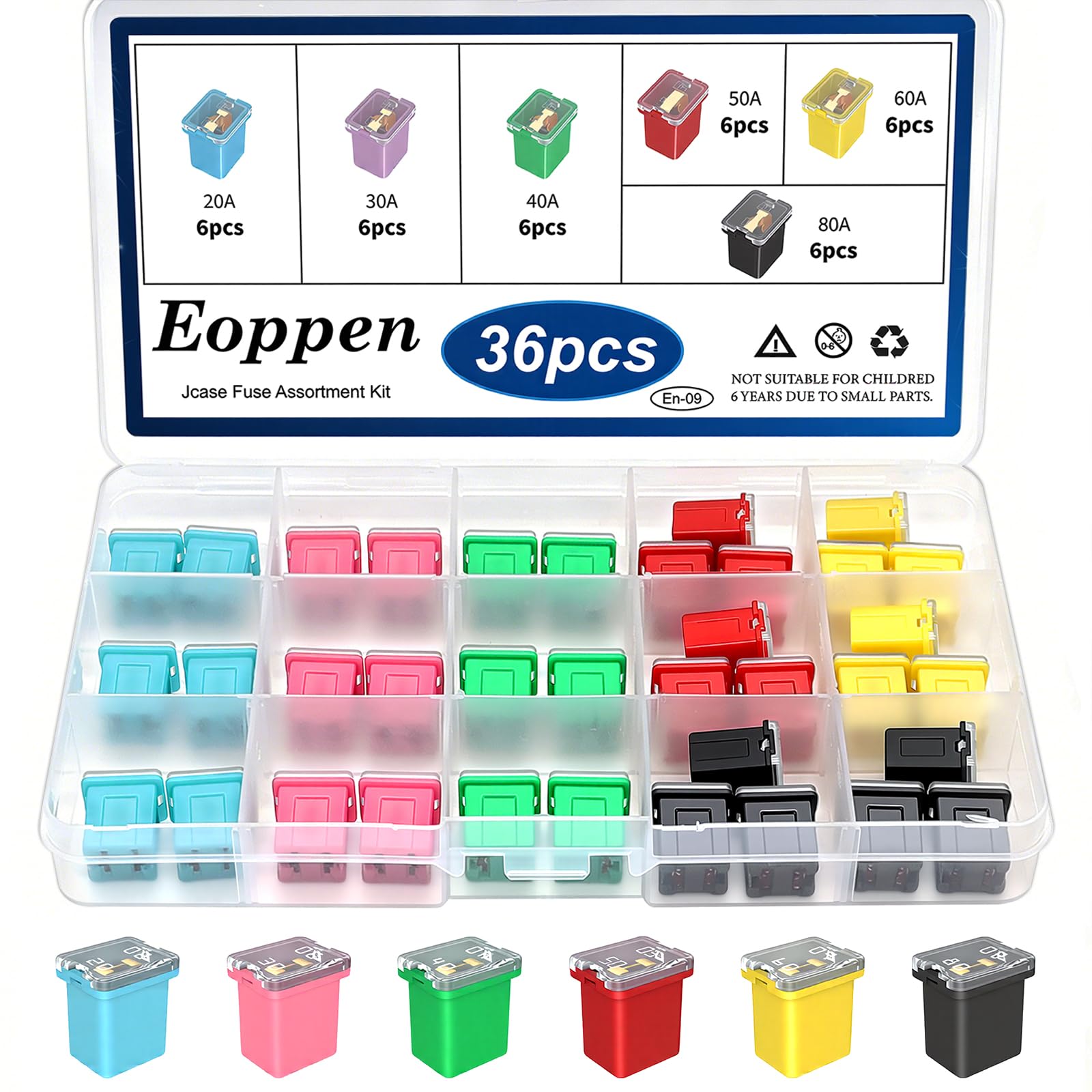 Jcase - Juego de 36 fusibles de coche surtido de fusibles de bajo perfil para camiones, coches y SUV (20A, 30A, 40A, 50A, 60A, 80A)