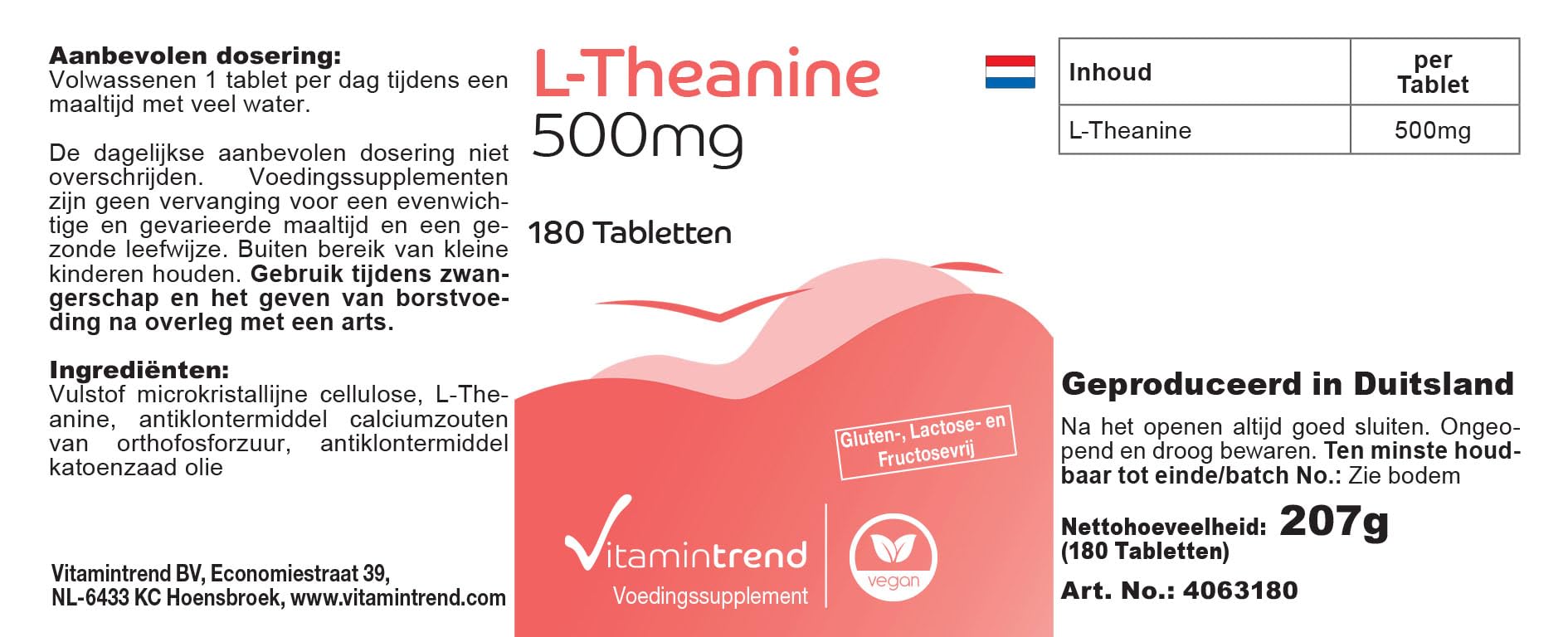 Vitamintrend L-Théanine haute dose 500 mg, 180 comprimés, acide aminé, complément alimentaire végan sans additifs, fabriqué en Allemagne