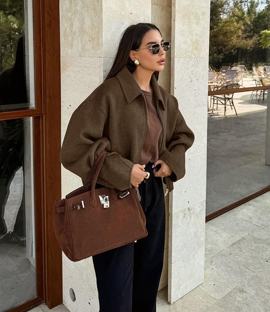 Bomber Jacket Women Wool Long Sleeve Lapel Zip Up Brown Jacket Women Casual 2025 - Image 4