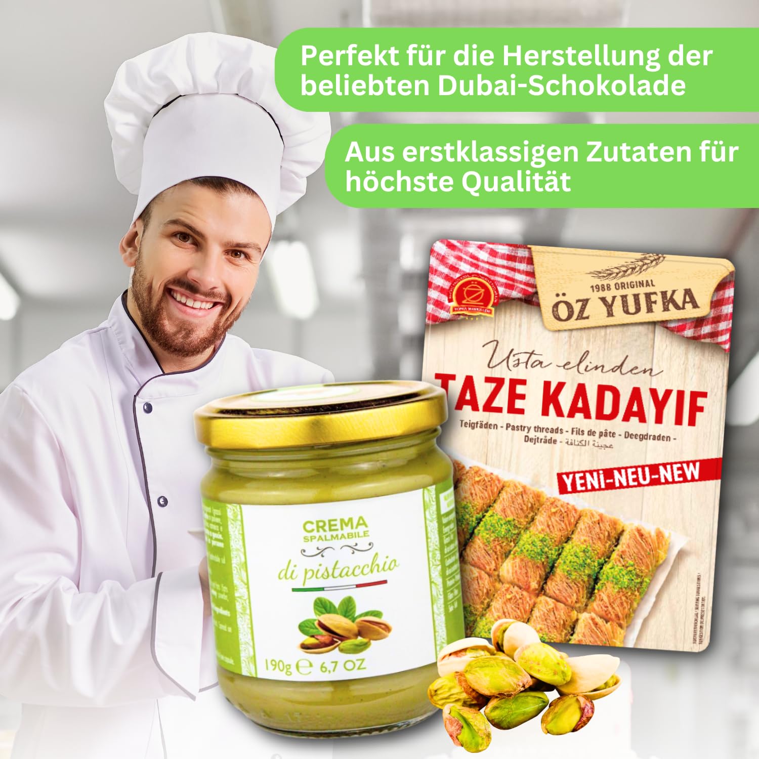Kadayif Engelshaar Teigfäden + Pistaziencreme - Set zur Herstellung von Dubai Schokolade (1x400g Kadayif - 1x 190g Pistaziencreme 40%) inkl. Anleitung