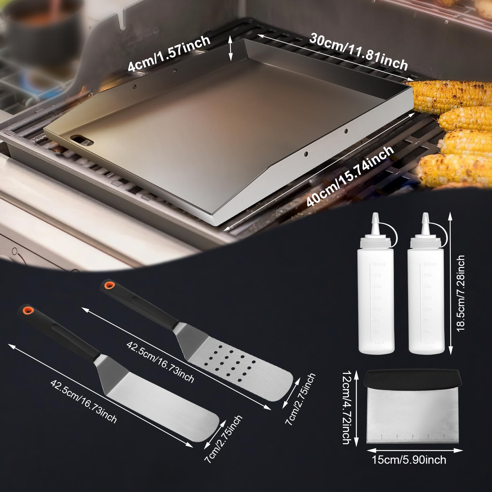 Plancha de acero inoxidable,Plancha Placa de Acero Inoxidable Grueso & Acero Inoxidable 40 x 30 x 4 cm,Adecuado para barbacoa de gas y barbacoa de carbón,3 espátulas, 2 botes de aceite