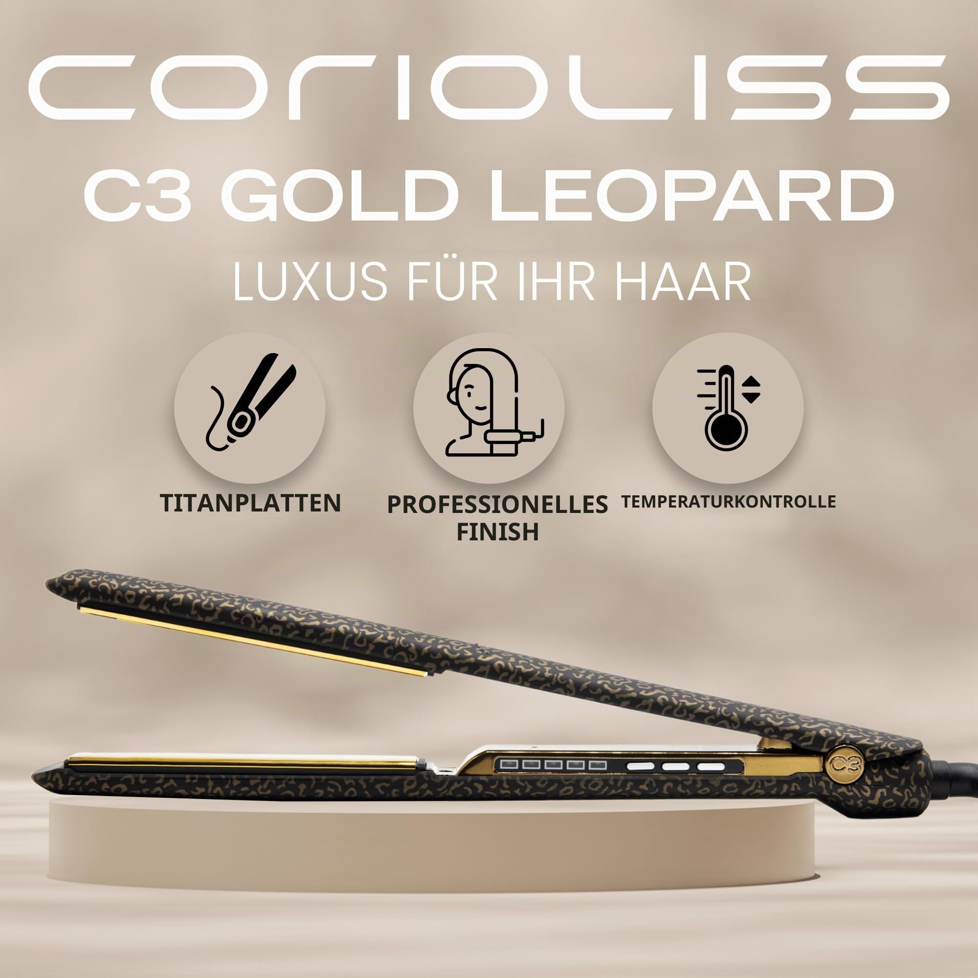 Corioliss C3 | Glätteisen | Extra Lange Titanplatten Anti Frizz | Haarglätter Locken und Glätten | Professionelles mit TemperaturregelunLeopard Gold Soft Touch