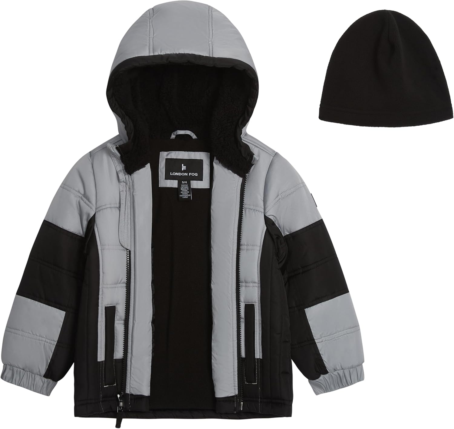 LONDON FOG Boys' Sporty Heavyweight Hooded Puffer Jacket and Fleece Beanie