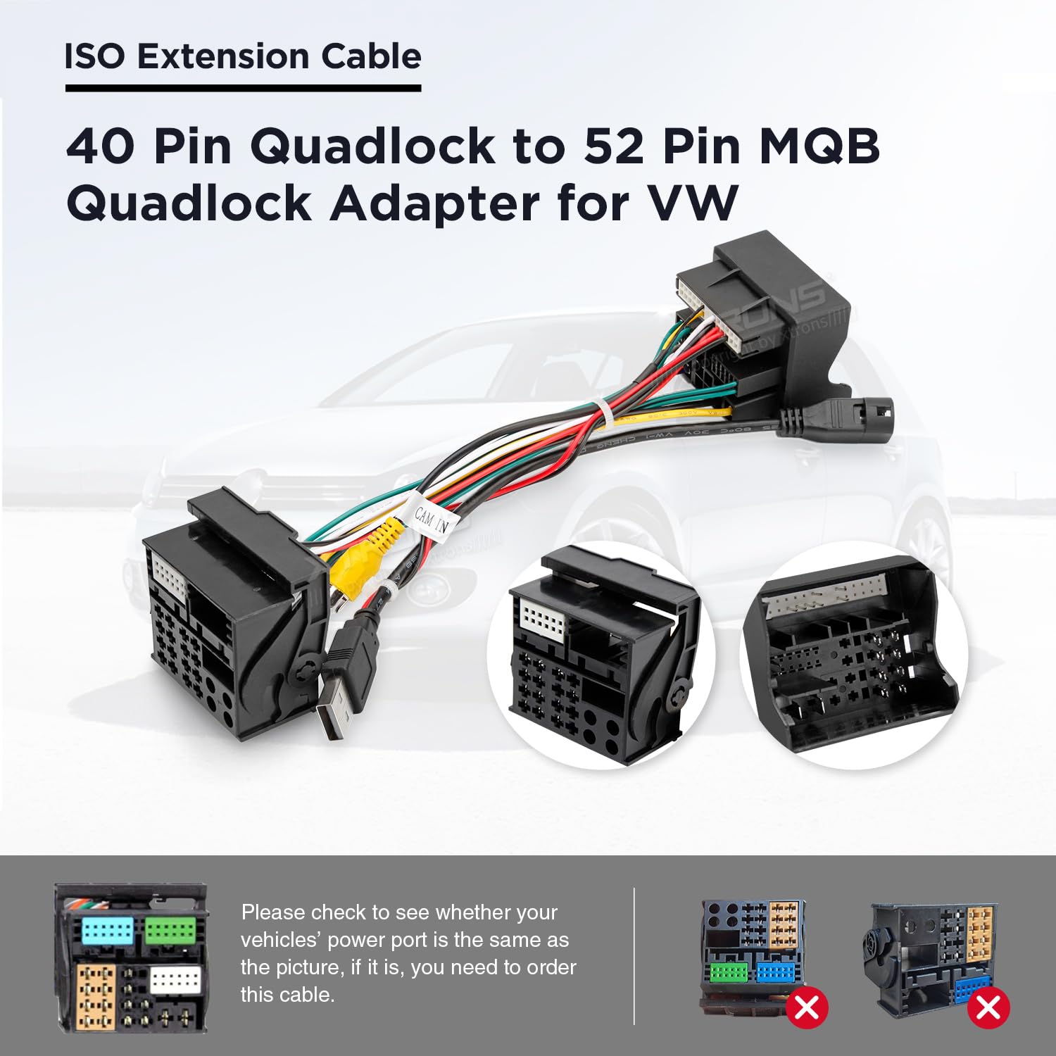 XTRONS Adaptador de arnés ISO para coche, 40 pines a 52 pines, adaptador MQB Quadlock para VW Golf 7