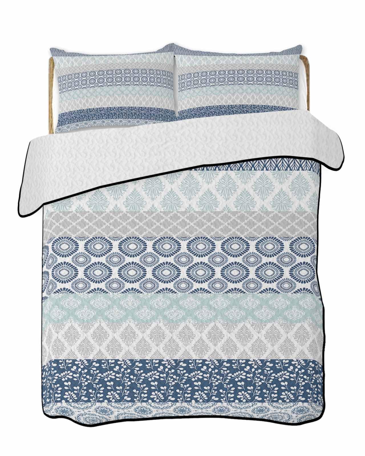 3-Piece Summer Quilt Twin Size, Blue Striped Lightweight Cooling Bedding Comforter Blanket with 2 Pillow Shams, Boho Modern Geometric Abstract Art Ethnic Bedspreads Quilted Coverlet Sets 68