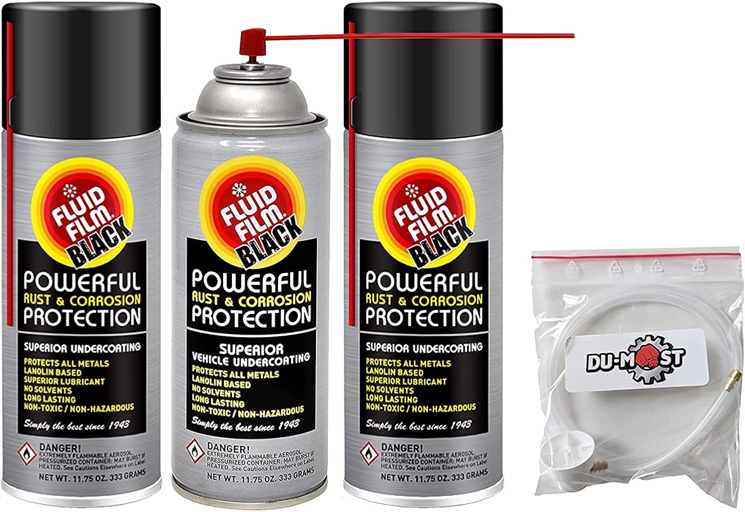 Fluid Film Black (3 Aerosol Cans) with DU-Most 2' Extension Hose & Nozzle, Long Lasting Corrosion Prevention, Penetrant & Lubricant, Marine, Automotive & Snow-Handling Vehicles Undercoating, 11.75 Oz