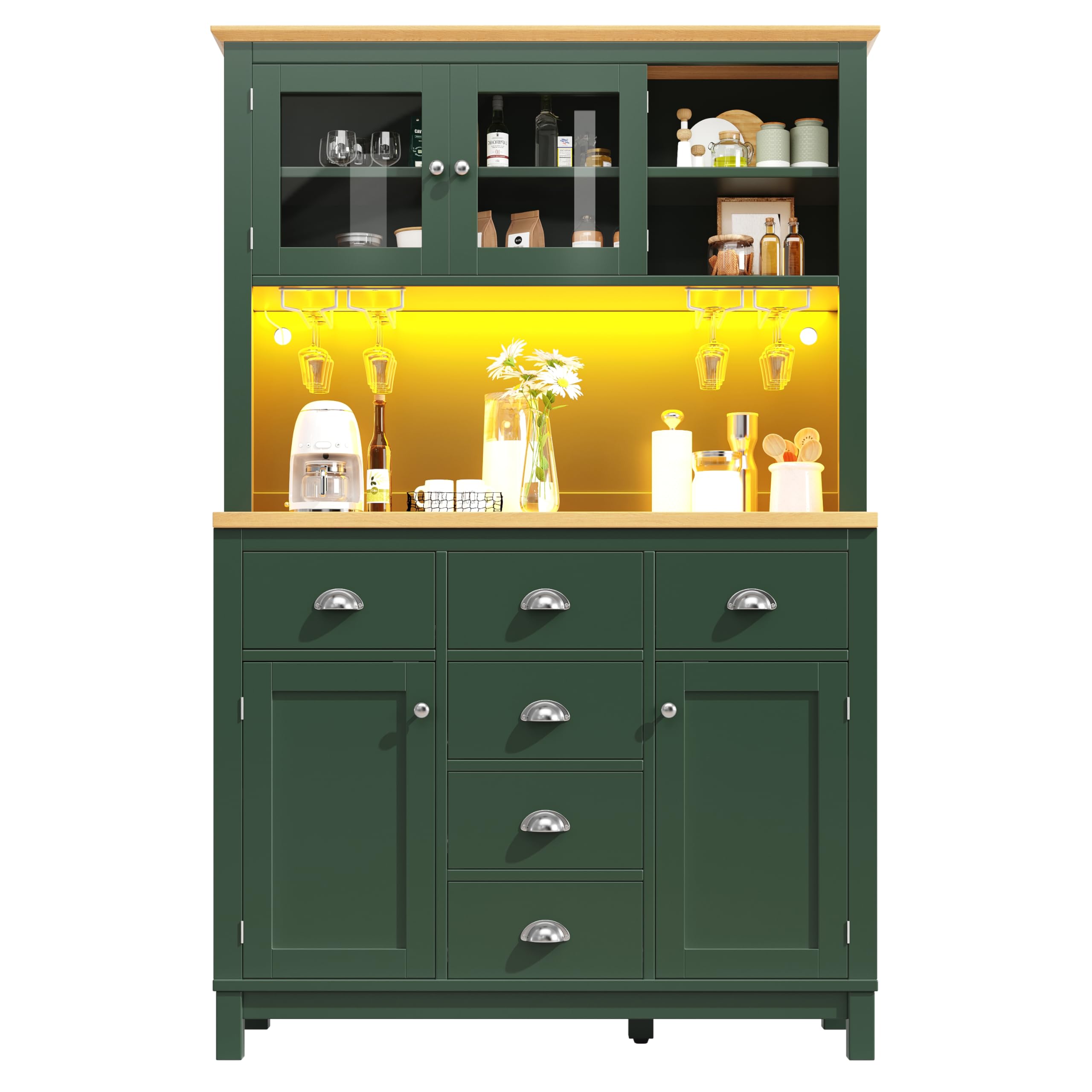 Armario alto para buffet, armario de cocina, aparador, estilo rústico, 4 puertas, con barra de luz LED y soporte para bebidas, para cocina, comedor, 104 × 40 × 180 cm (verde)