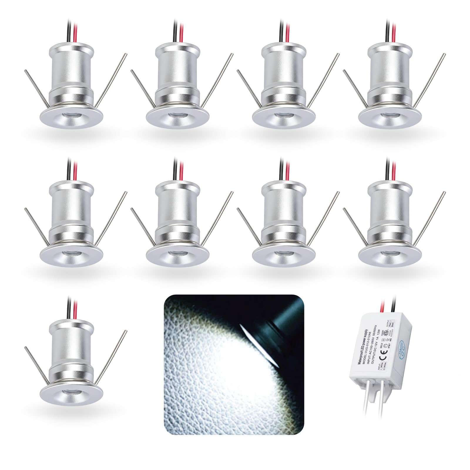 kpslucerna 9pcs 12V 1W Mini LED Downlight, IP65 Water Resistant Small Recessed Spotlight, 15mm Round Plinth Spot Light Cabinet Showcases Displays Wall Kitchen Staircase Bathroom(Silver Cold 120°)