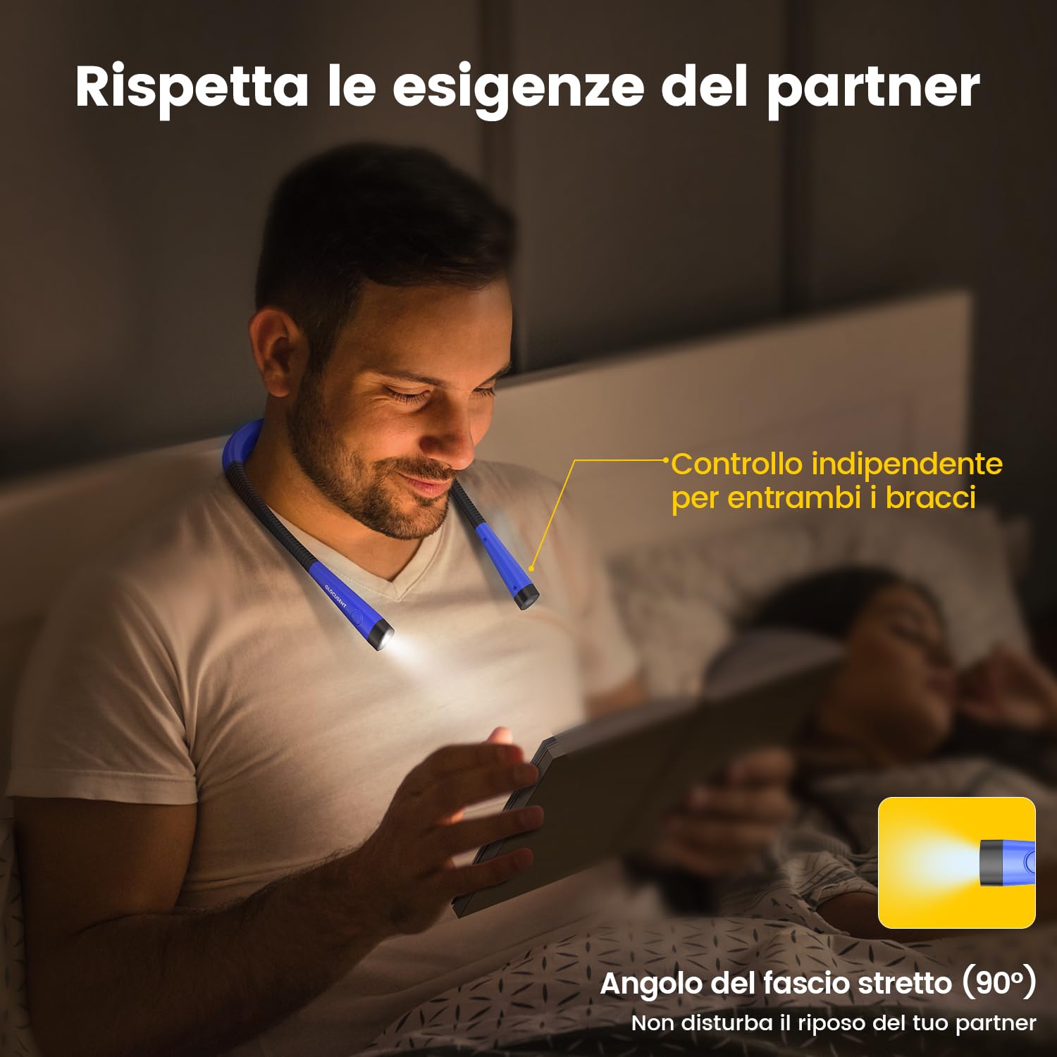 Glocusent Lampada da Lettura, LED luce del libro, Ricaricabile, 3 Colori, 6 Livelli di luminosità, Bracci pieghevoli, mani libere, Perfetta per E-Reader, Studio,Letto,Viaggi,Lavoro a Maglia