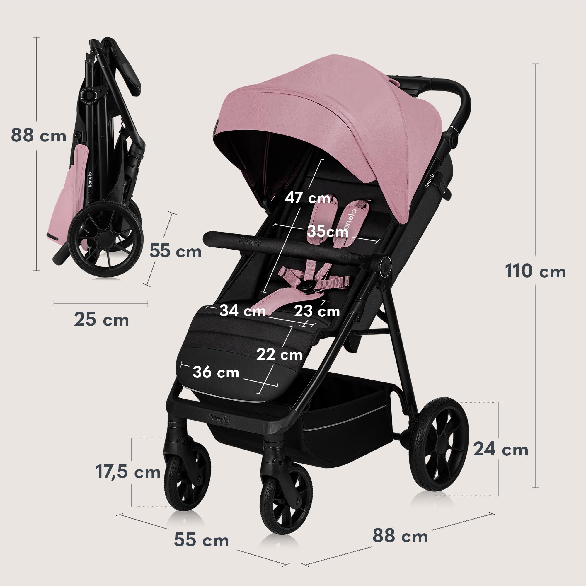 LIONELO MIRA Poussette Canne 22 kg 6 mois-4 ans Roues Pivotantes 360° Amortissement Total Chocs Dossier Repose-pieds Réglables Auvent XXL UPF50+ Panier 3 kg Rose