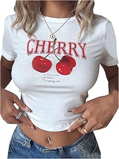 Women's Y2K Graphic Shirt Cherry Print Short Sleeve Slim Fitted Summer Vintage Cropped Tee