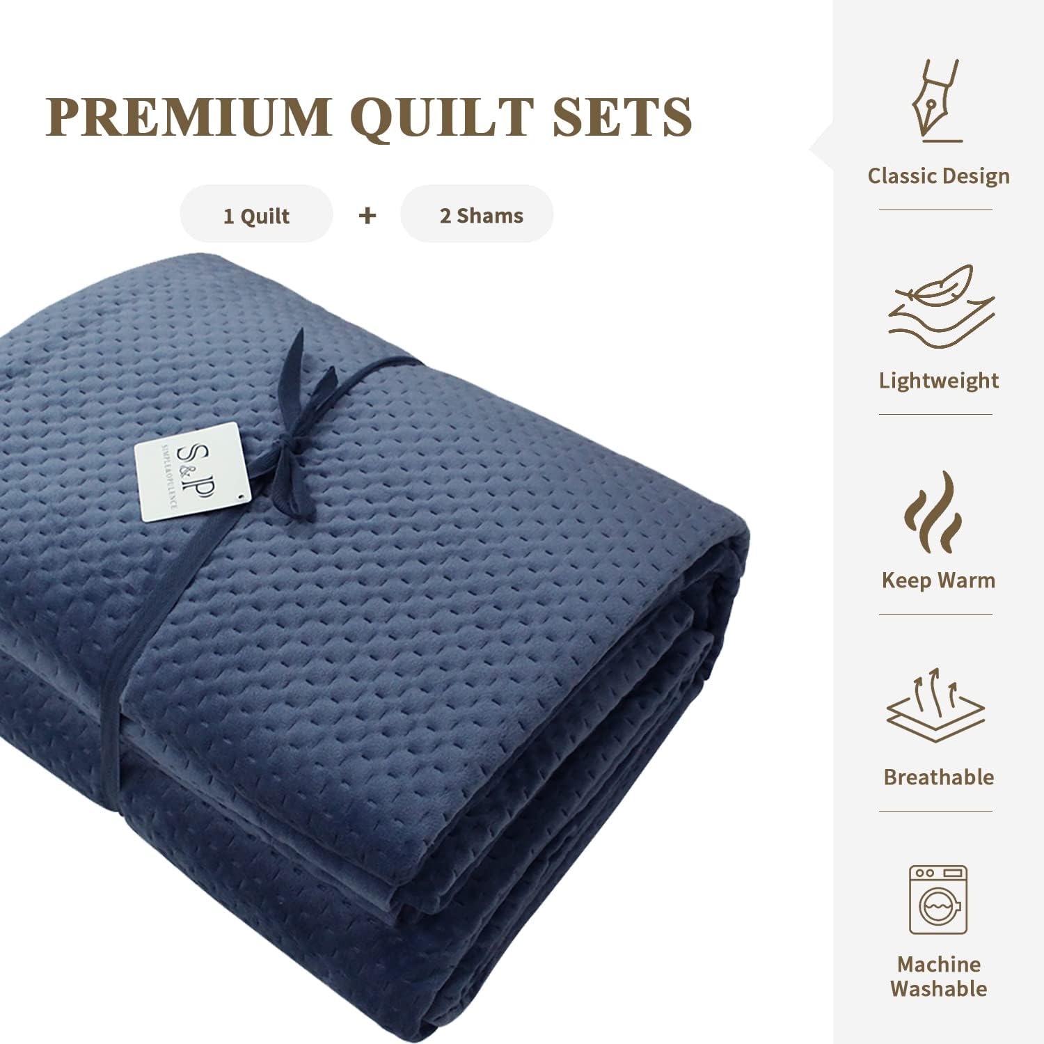 Simple&Opulence Velvet Lavish Design with Brushed Microfiber 3pcs Bedspreads Luxury Pattern Soft Solid Coverlet Set (Antique Blue, Queen)