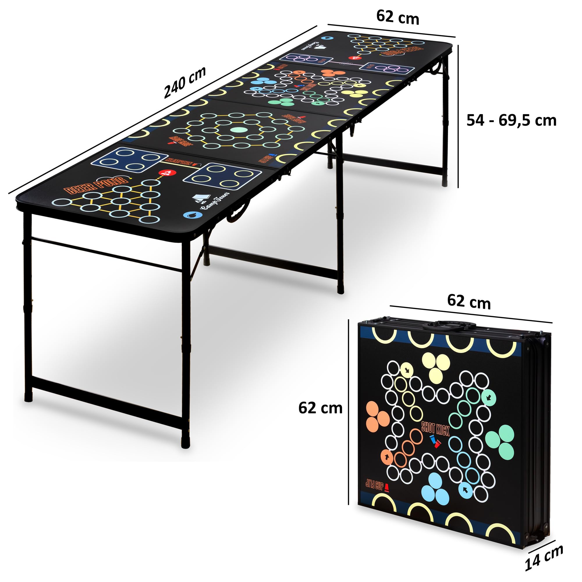 CampFeuer Bierpong Tisch | Klappbarer 6 in 1 Multigame Tisch inkl. 106-teiliges Zubehörset | Beer Pong Spiel für Rage Cage, Schnapspong & Partyspiele | Trinkspiel für Erwachsene | Partygame