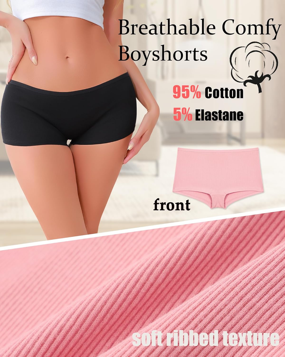 ALL OF ME Cotton Underwear for Women Boyshort Panties Full Coverage Boxer Briefs Stretch Boy Short Undies 6 Pack - Image 3