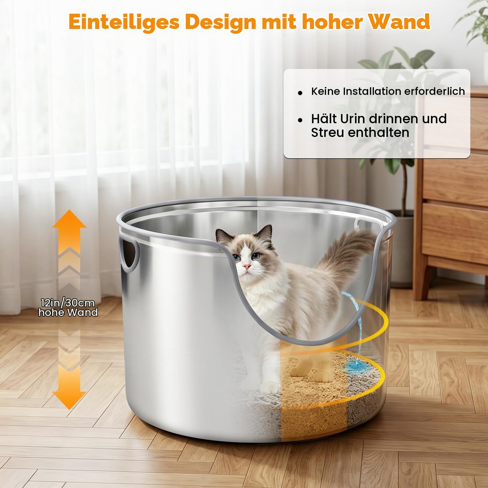 Homegroove Runde Edelstahl Katzentoilette, 45 cm Hohe Seiten Metall Katzenklo für Große Katzen, Auslaufsicher & Leicht zu Reinigen inkl. Metallschaufel (Edelstahl)