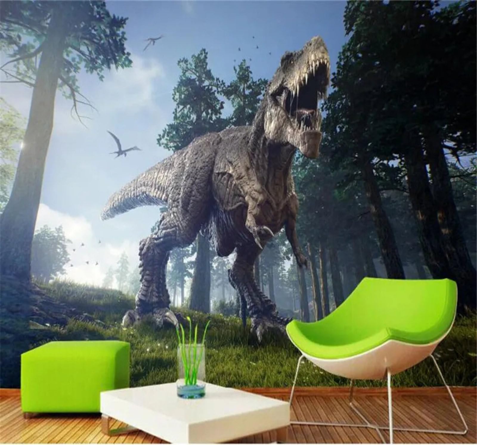 Tzxztt Fresh Forest Dinosaurs Birds Forest Modern 3D Wallpaper Premium Textured Silk Neutral Tones Material Ideal for Living Room Bedroom-400cm×280cm