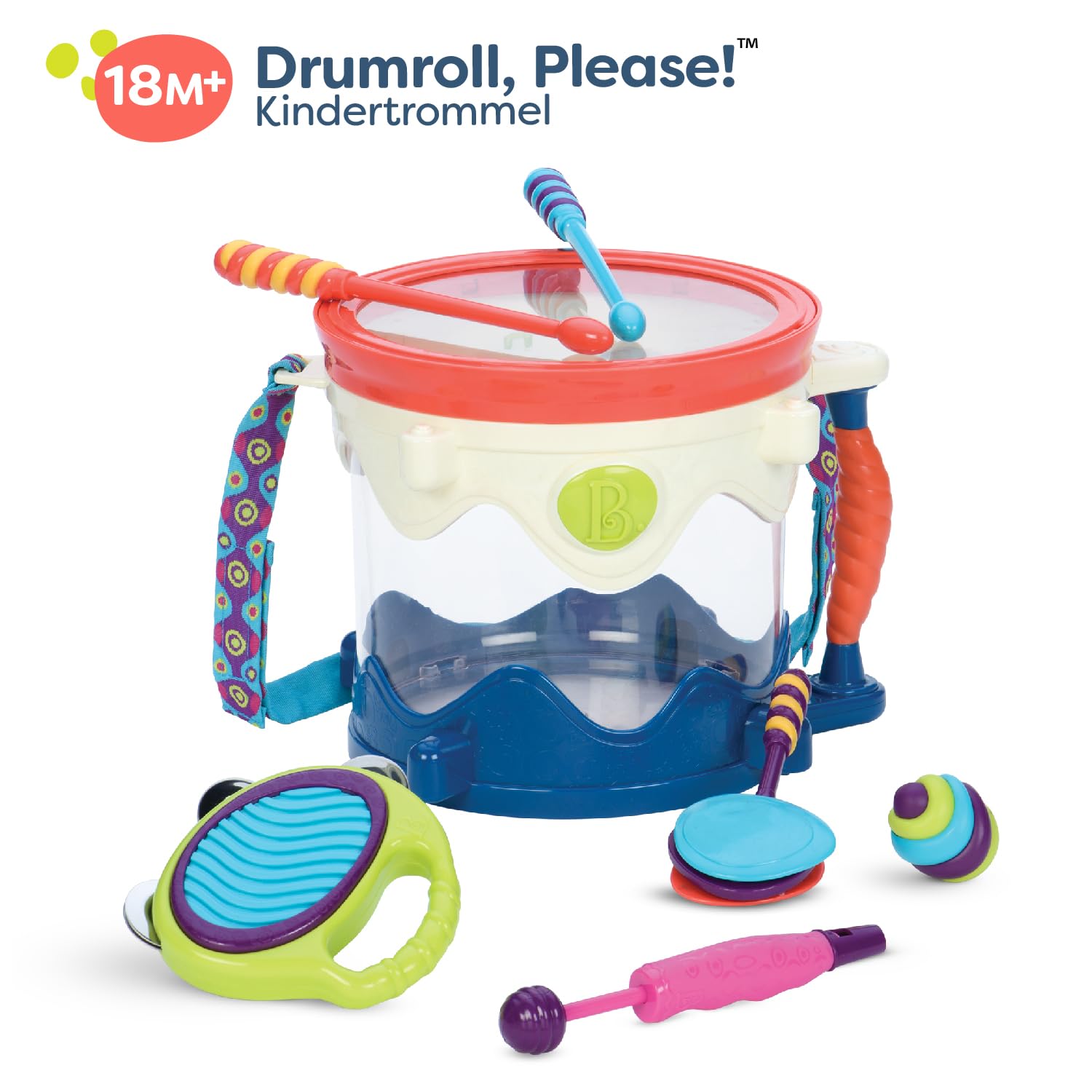 B. toys - Trommelwirbel, Bitte! - Tragbares Schlagzeug - Musikinstrumente für Kinder - Percussion-Spielzeug für Kleinkinder, Kinder - Tamburin, Kastagnetten, Pfeife - 18 Monate +