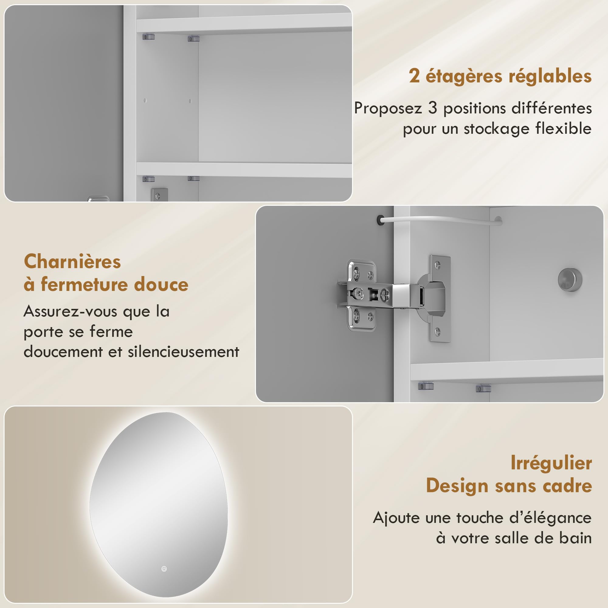 HOMCOM Armoire murale salle de bain avec miroir et éclairage LED, 50x14x70cm, meuble salle de bain à anti-buée, 3 températures de lumière, étagères réglables, minuterie, porte à fermeture douce, blanc