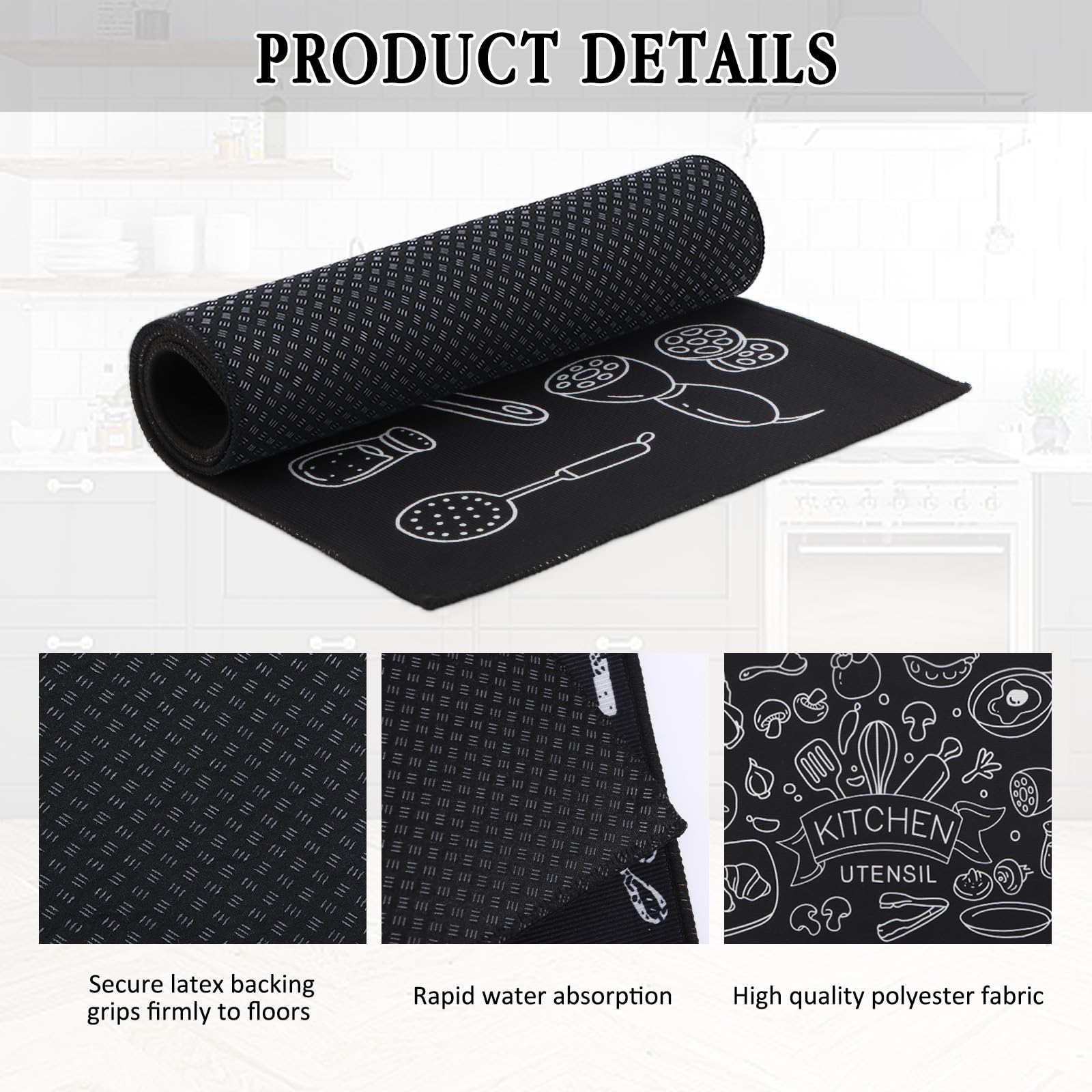BWBIKE Juego de Alfombras de Cocina de 2 Piezas, Antideslizante Que Absorbe el Agua, Alfombra Acolchada y Alfombra, Alfombras de Piso Lavables a Máquina para Cocina Junto al Fregadero, Pasillo