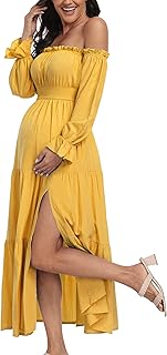 Boho Off Shoulder Maternity Dresses, Long Sleeve Side Split Flowy A Line Tiered Maxi
