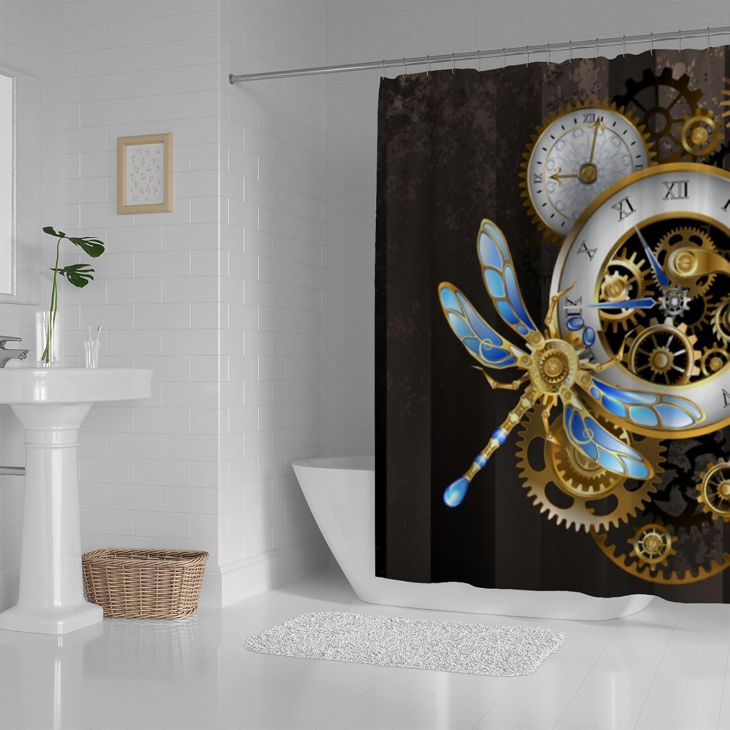 Kuizee Bathroom Shower Curtain 60 x 72 Inch with 12 Hooks Antique Dials Mechanical Dragonfly Steampunk Bathtubs Polyester Waterproof Shower Curtains Set Fabric Decor Easy Install