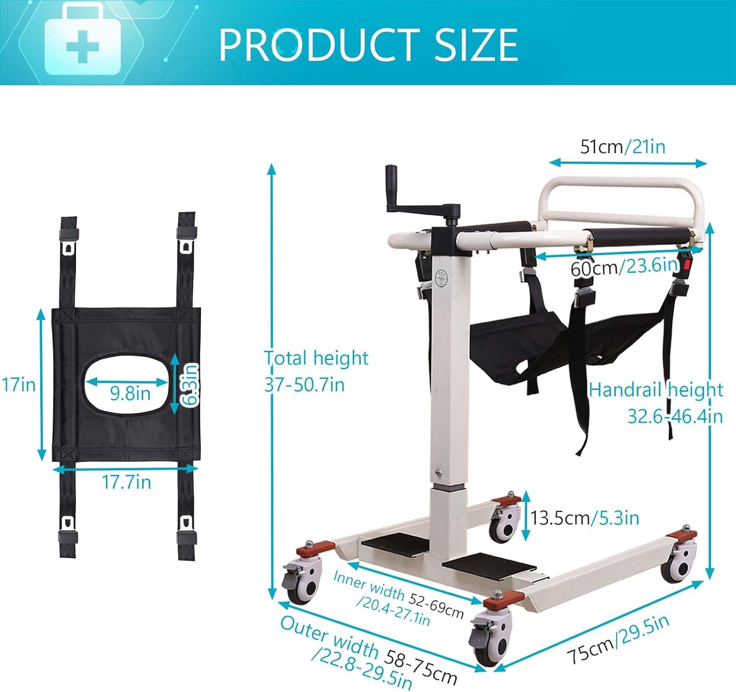 Patient Lift for Home Transfer Lift Wheelchair Shower Wheelchair, Lightweight Adjustable seat Height, Commode Chair for Toilet, Portable Patient Lift for car, Chair Lifts Assist for Elderly