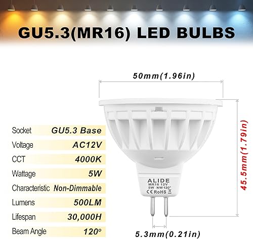Miniatura 10 de ALIDE Bombillas LED verdes MR16 GU5.3 de 5 W, 20 W, 35 W, 50 W, equivalente a halógeno, 12 V de bajo voltaje MR16, focos LED verdes para paisajes al