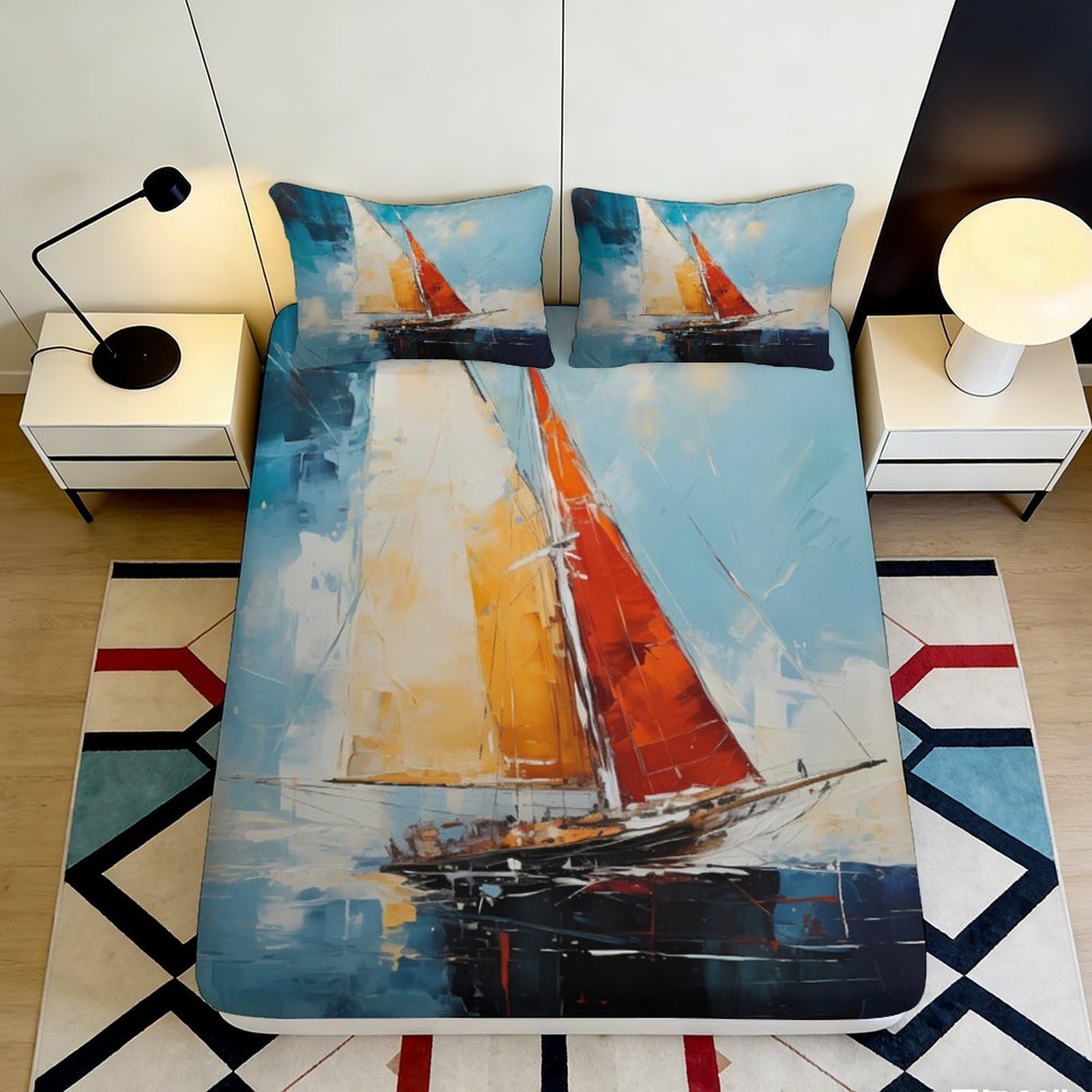 Jwndfkpvxzgl Style-6 3D Printed Sailboat Ocean Fitted Sheet Microfiber Soft Blue Nautical Mattress Cover Non-Slip For Bedroom Guest Room Decor 90X200x25cm
