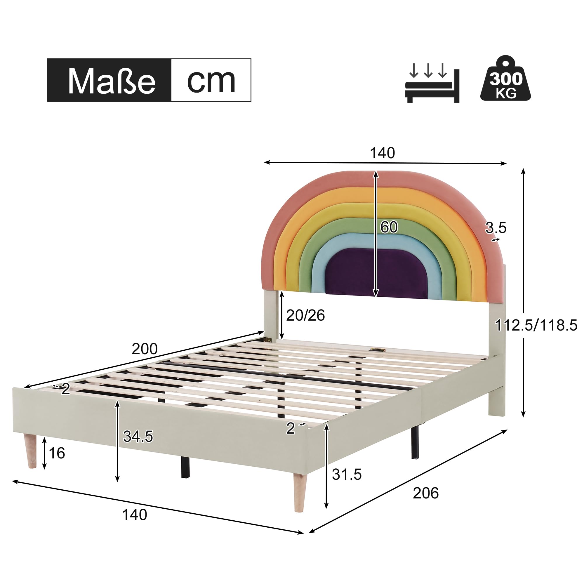 Idemon Letto imbottito 140 x 200 cm, con rete a doghe e testiera, letto per ragazzi, per adulti e adolescenti, rete a doghe in legno, facile da montare, testiera regolabile in altezza, velluto, beige