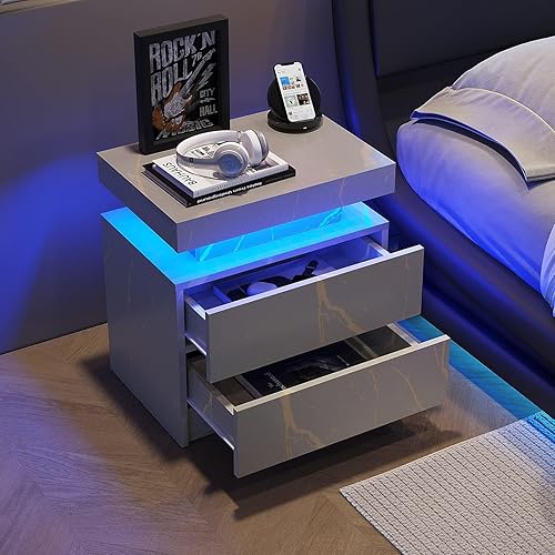 Miniatura 4 de DESIGNER97 Mesita de noche LED para mesita de noche, mesa auxiliar, luces laterales modernas con 2 cajones para dormitorio, grisdorado