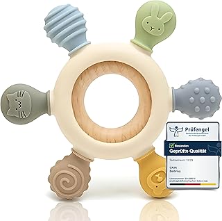 CAJA Baby Teether – Teething Toy – Teething Aid – Teething Ring – Rowing Animal Motif Made of Silicone and Wood, BPA-Free – Teething and Grasping Toy Nursing for Babies from 3 Months (Complexion A) Baby